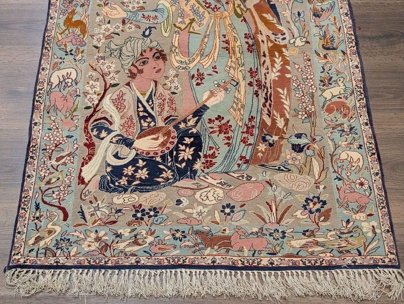 Per'sian Pictorial Rug 3x4, Kork Wool on Silk, Musician, Animal Pictorials gallery