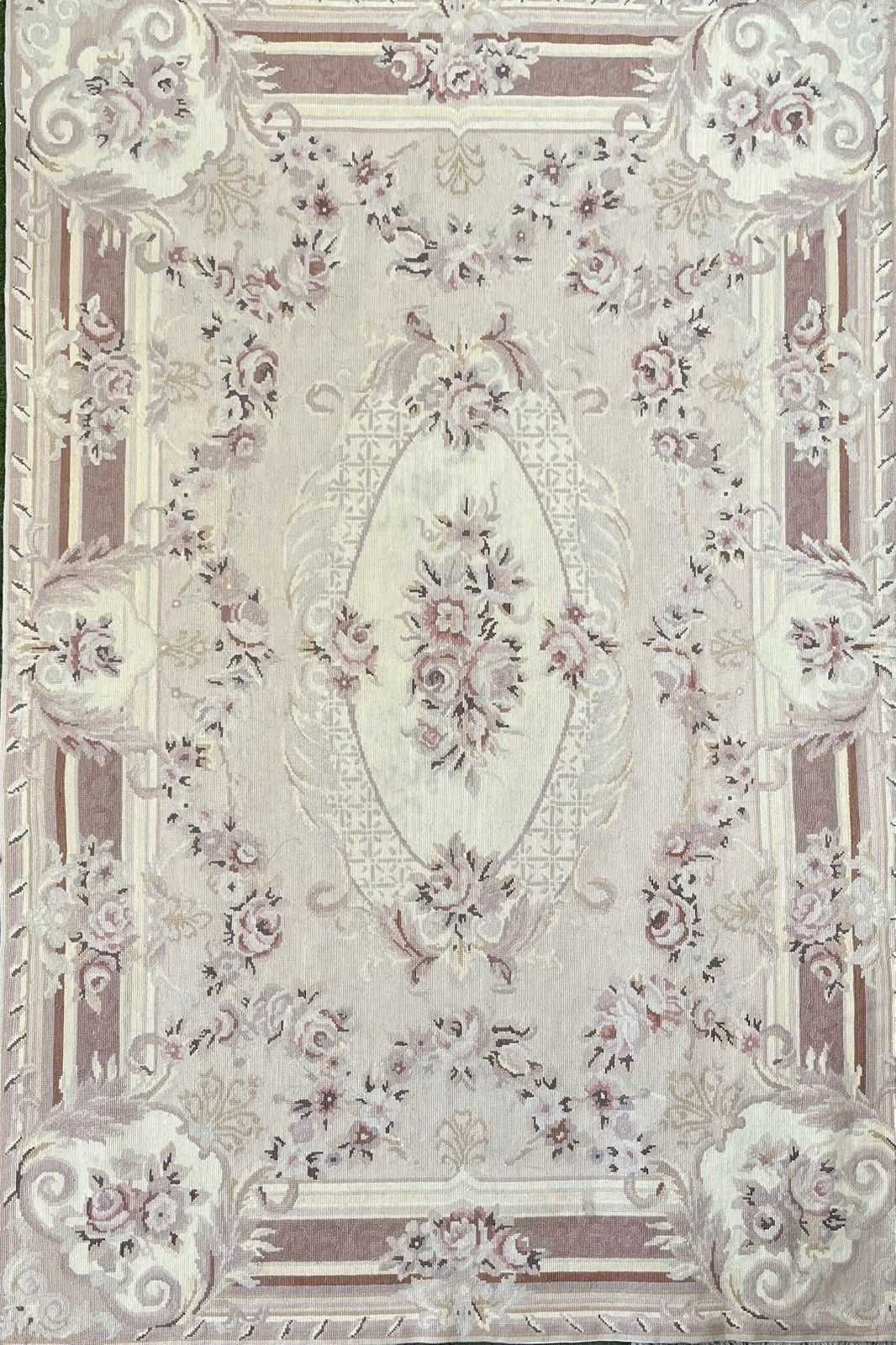 Vintage wool Needlepoint floral area rug dusty rose and ivory 3.5 x 5.5 ft gallery