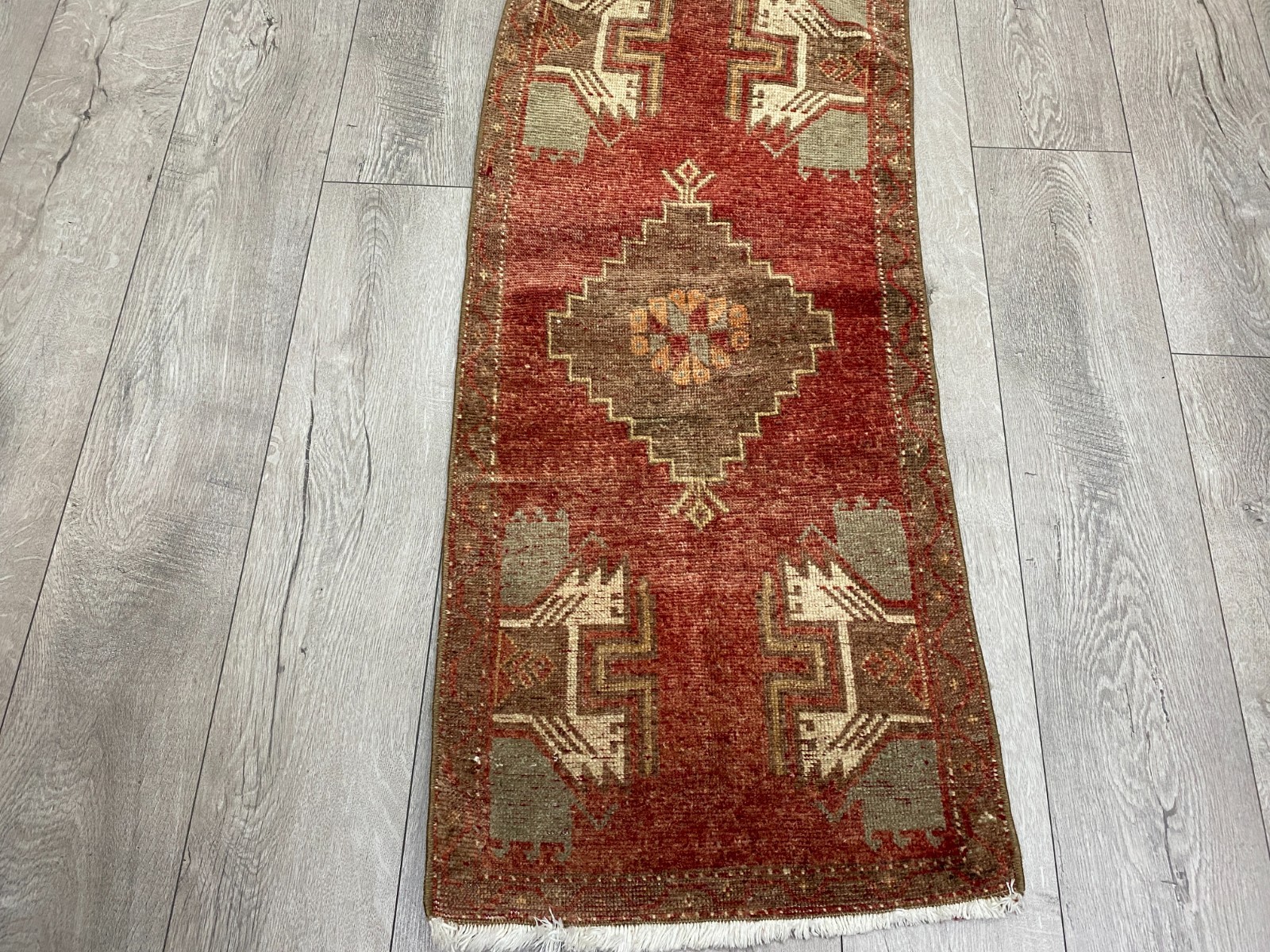 Vintage Turkish Entryway Runner Rug 1.7x4.0 Ft Hand Knotted Faded Tribal Rug gallery