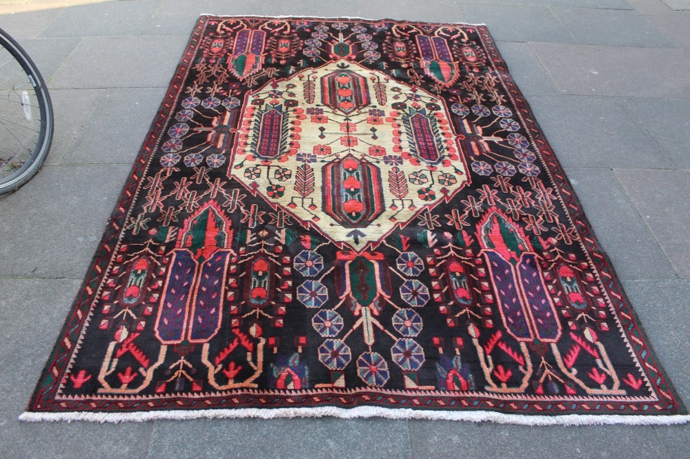 Vintage Hand Made Traditional Oriental Wool Blue Pink Large Rug 245x161cm