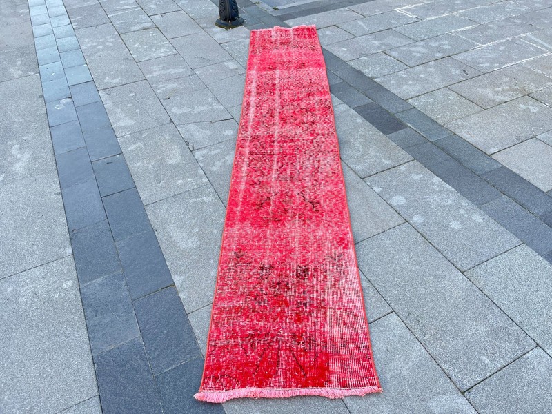 Vintage Turkish Oushak Runner Rug 1.6x9.1 ft Red Distressed Hand Knotted Wool gallery