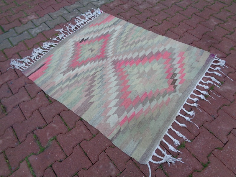 Pink Kilim Rug 4.2 x 3.7 Ft Colorful Rug For Kids Room, Kitchen Rug Non Slip 663 gallery