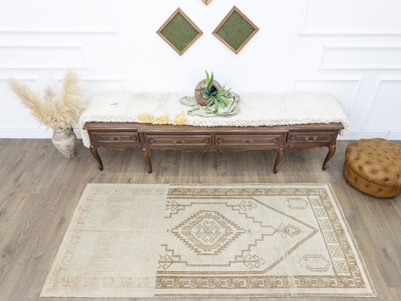Antique Oushak Turkish Traditional Rug,Muted Neutral Large Runner,3'7''x7'5'' ft gallery