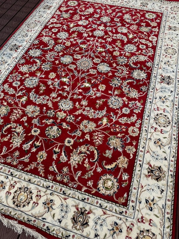 Fine New Floral Red & White Oriental Rug Handmade in India,Allover Design, 6'x9' gallery