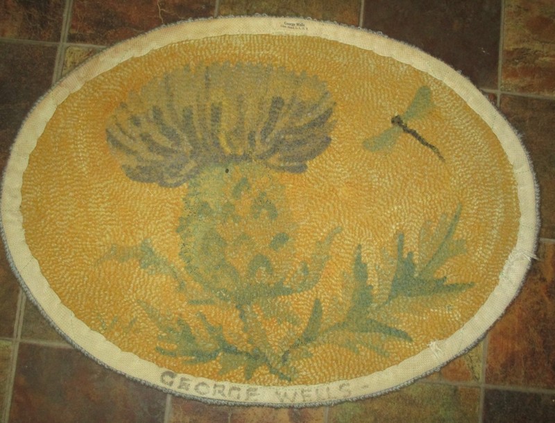 Vintage Original GEORGE WELLS HOOKED RUG Dragonfly & Thistle Signed/Tagged 25x18 gallery