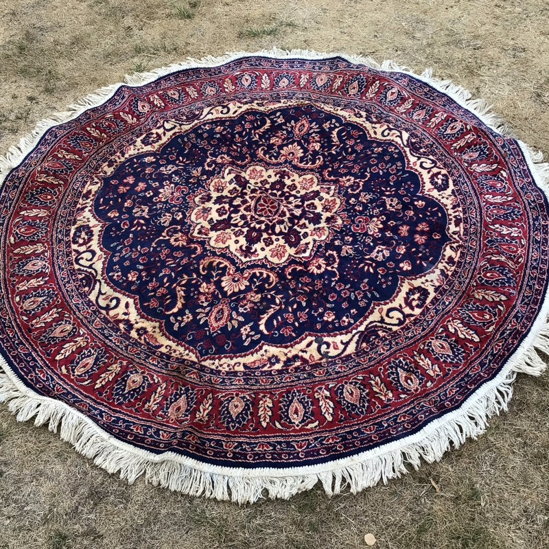 VINTAGE ROUND MAT RUG OLD CARPET LOVELY DESIGN RED BLUE TASSEL EDGE gallery