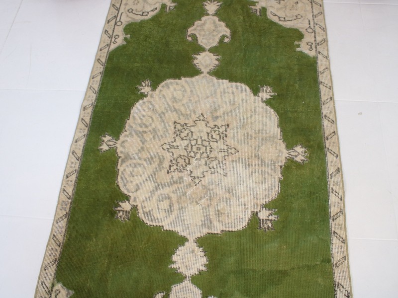 Vintage Turkish Accent Rug 2.7x6.6 ft | Handmade Wool Green Beige Rug | 83x203 gallery