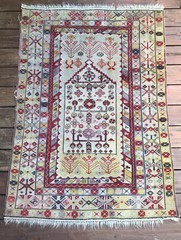 Antique Turkish Ladik Ivory Field Hand Knotted Prayer Rug