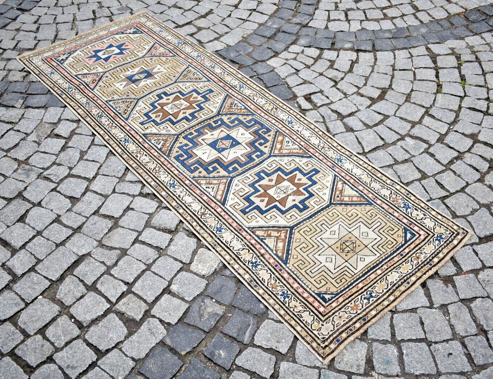 Antique Caucasian Rug 32'' x 92'' Muted Dye Hand Knotted Terrific Hallway Rug