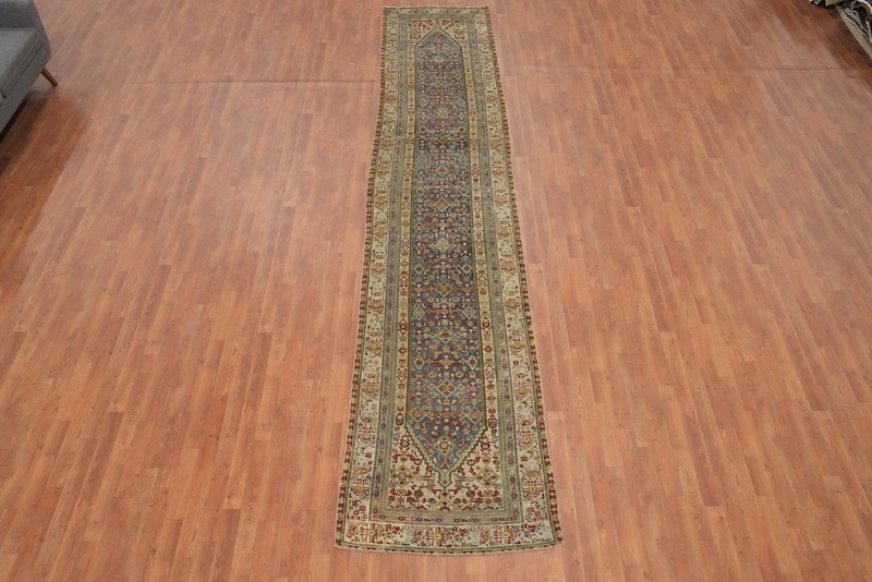 Pre-1900 Handmade Runner Rug Blue Wool 16 ft Traditional Antique Carpet 3x16 gallery
