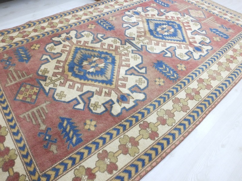 Red Faded Turkish Vintage Living Room Carpet, 5x8.7ft, Antique Handmade Rug, gallery
