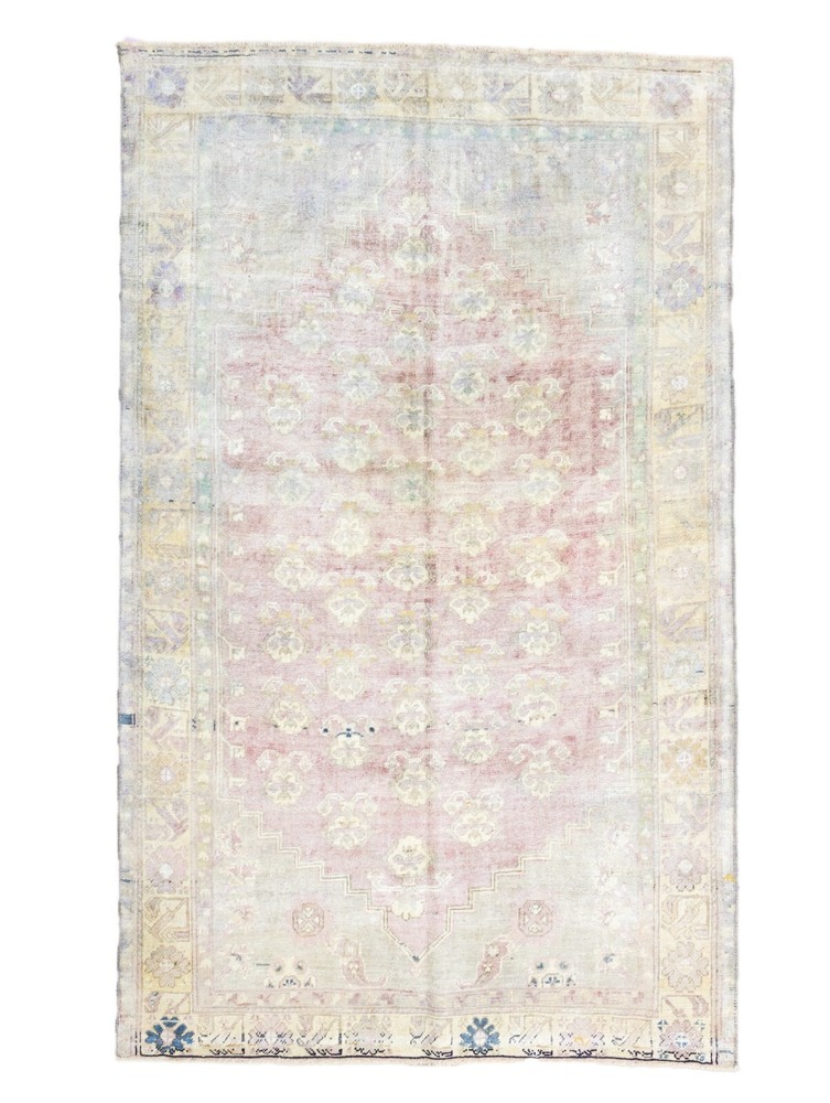Muted Turkish Oushak Oriental Hand Knotted Wool Area Carpet Rug Pink 4.2x6.9 ft