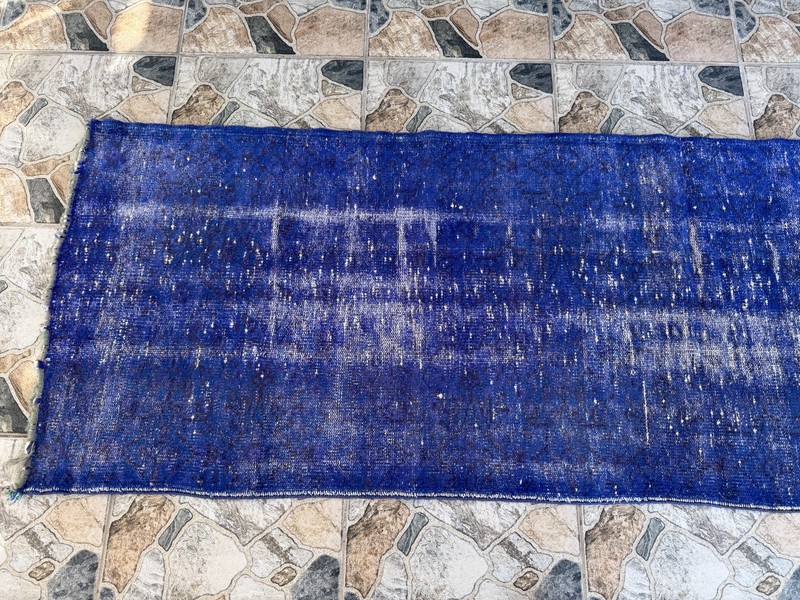 1970s Vintage Turkish Overdyed Runner Rug 2.6x9 ft Cobalt Blue Hand-Knotted Wool gallery