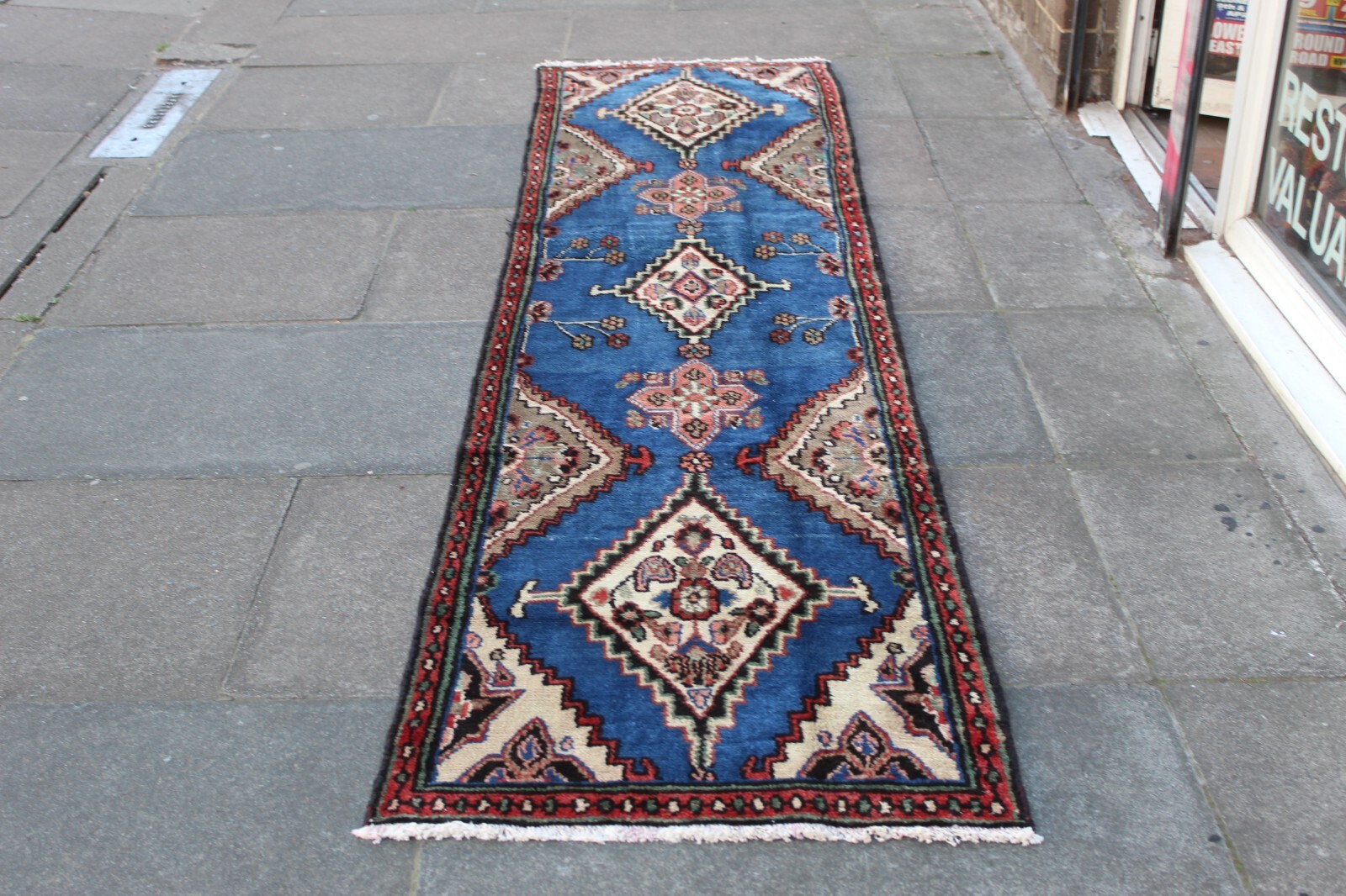 Vintage Hand Made Traditional Oriental Wool Blue Long Runner 310x74cm gallery