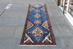 Vintage Hand Made Traditional Oriental Wool Blue Long Runner 310x74cm