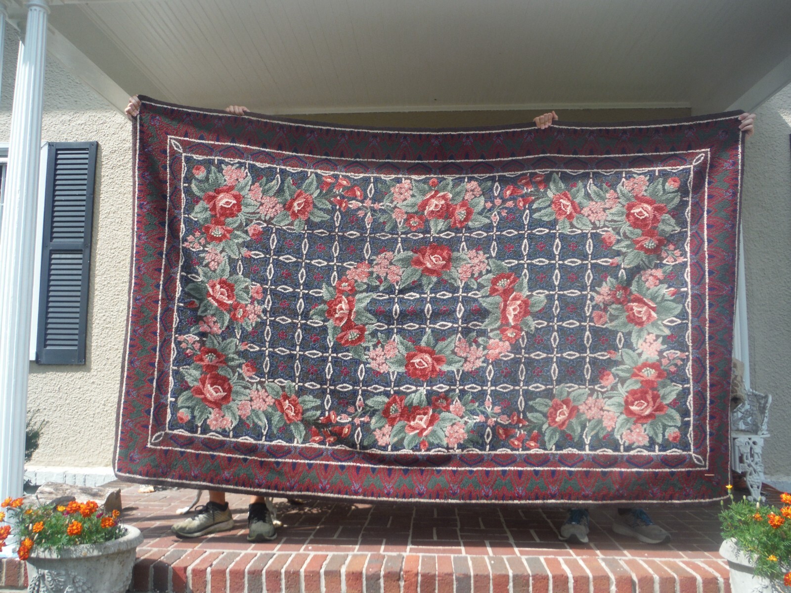 VINTAGE HANDMADE 5'x8' HOOKED RUG FLORAL DESIGN EXCELLENT CONDITION gallery