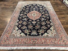 Stuning Silk Oriental Rug 7×9 Fine Handmade Navy Blue & Salmon Floral Medalion