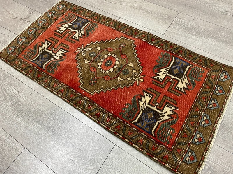 Vintage Turkish Tribal Rug 1.7x3.3 Ft Red Handwoven Anatolian Small Carpet gallery