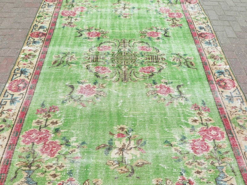 Vintage Turkish Handmade Carpet, Green Distressed Large Floor Boho Rug 75"x111" gallery