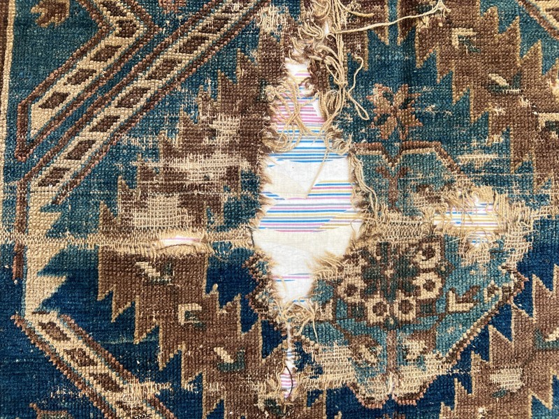 Blue Brown Distressed Low Pile Rug Hand Knotted Tribal Vintage Antique Carpet gallery