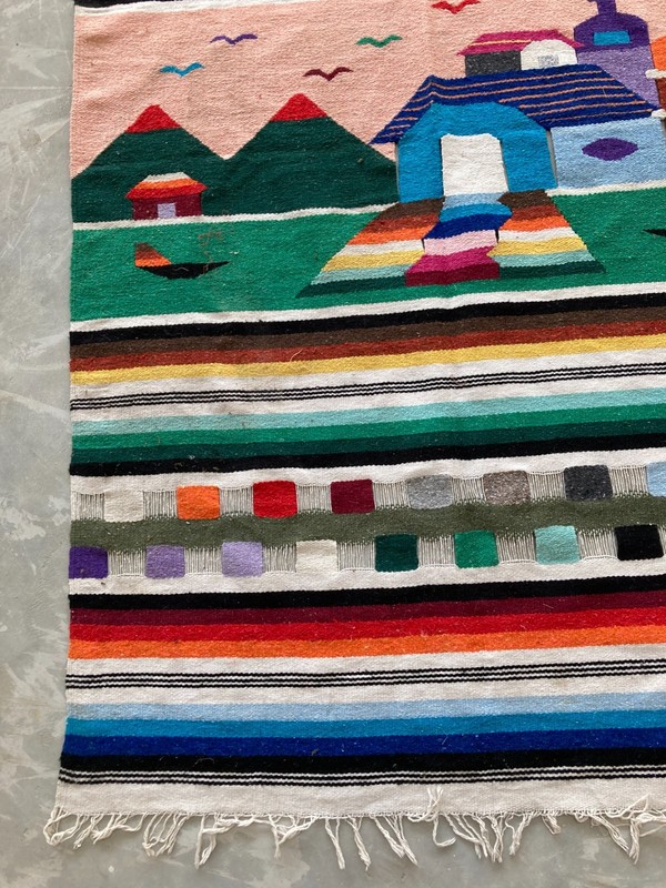 Vintage Handmade Mexican Pictorial Wool Kilim Rug Carpet 223x120 cm gallery