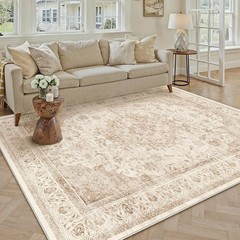 6×9 Beige washable vintage rug, soft and comfortable home décor.