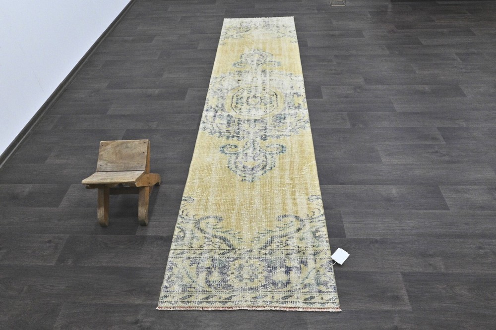 Vintage Turkish Runner Rug 2x10ft Wool Anatolian Handmade Hallway Oushak YELLOW