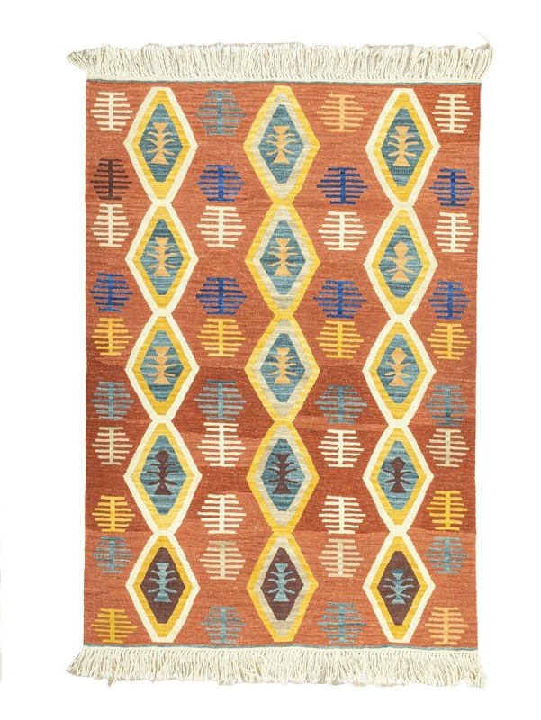 Handwoven Turkish Kilim Rug 3.9x5.5 ft Terracotta Tribal Wool – Designer Home gallery