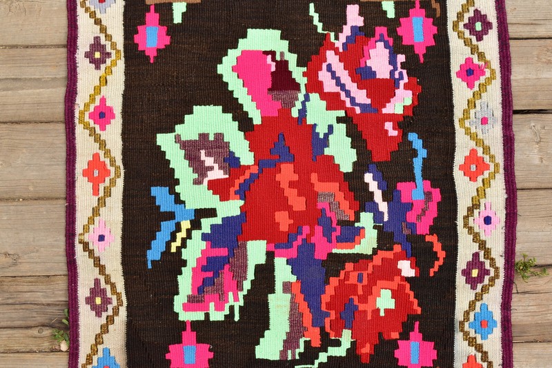 Turkish Kilim Rug 21''x38'' Handwoven Karabag Kilim 55x98cm Vintage Rose Design gallery