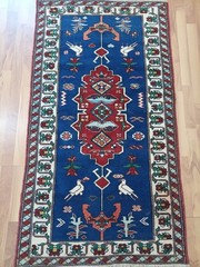 Antique Blue Runner Rug, Damaged Bird Handmade Wool Rug Rare Special Rug