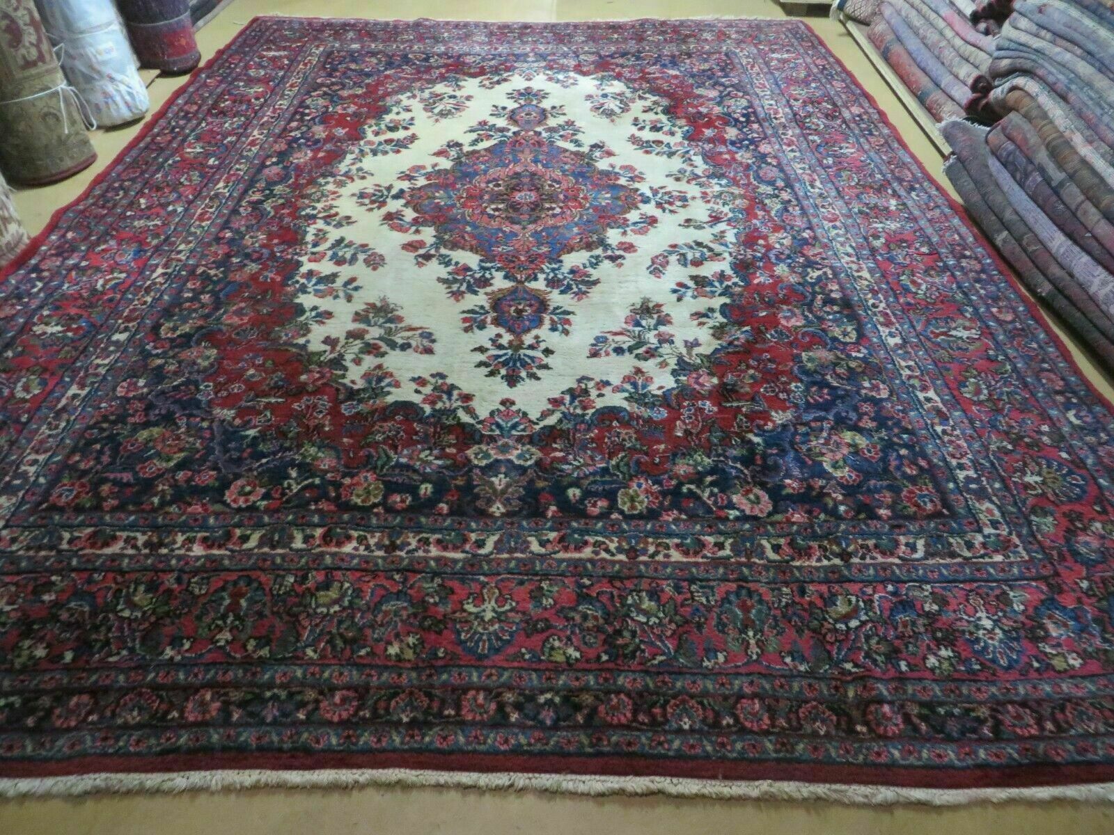 Antique 9x12 Oriental Rug Semi Open Field Medallion Ivory Red Blue Handmade Wool gallery