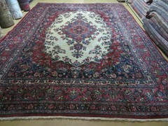 Antique 9×12 Oriental Rug Semi Open Field Medallion Ivory Red Blue Handmade Wool