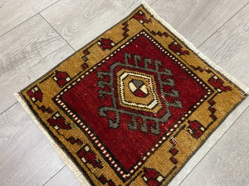 Small Handwoven Red Gold Rug 1.2x1.3 ft Oushak Square Wool Carpet gallery