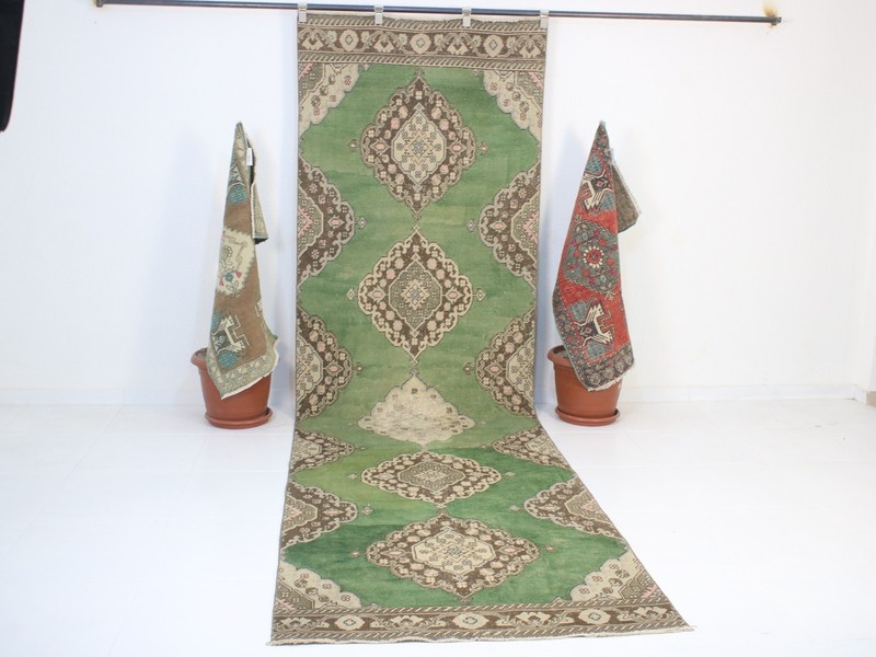 Vintage Turkish Runner 3.6x12.2 ft | Handmade Wool Green Hallway Rug | 110x372cm gallery
