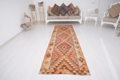 Handmade Oushak Runner 3×11 – Muted Turkish Kilim Rug, Vintage Hallway, 516