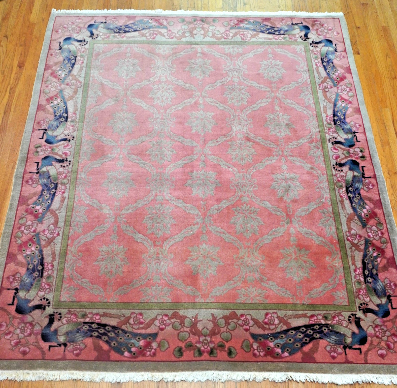 Chinese Hand Knotted Wool Peacocks Rose Pink Green Oriental Rug 7'x10' Excellent gallery