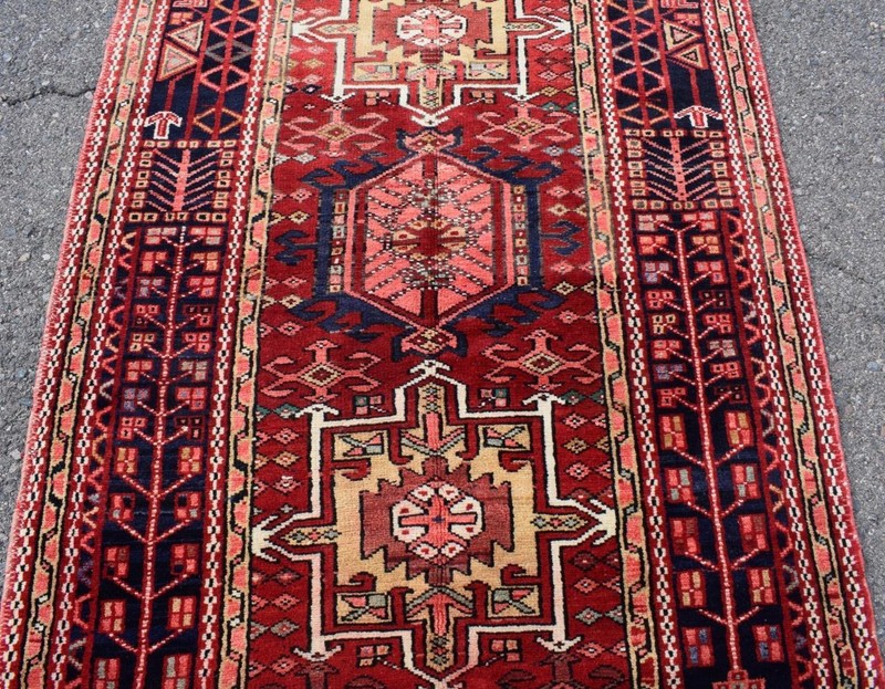 Rug Geometric Vintage Caucasian Heris Handmade Wool Runner Rug 4 x 11 3'7 x 11'5 gallery