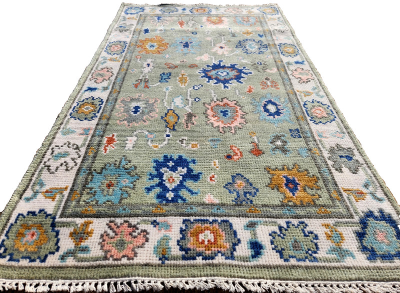 3'X 5' HAND-KNOTTED TURKISH OUSHAK TRIBAL VINTAGE WOOL muted green RUG gallery