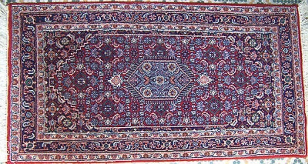 32"x62" WOOL HANDKNOTTED RUG DEEP RED GREY, OFF WHITE MEDALLION DESIGN BORDERS gallery