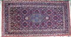 32″x62″ WOOL HANDKNOTTED RUG DEEP RED GREY, OFF WHITE MEDALLION DESIGN BORDERS