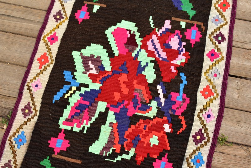 Turkish Kilim Rug 21''x38'' Handwoven Karabag Kilim 55x98cm Vintage Rose Design gallery