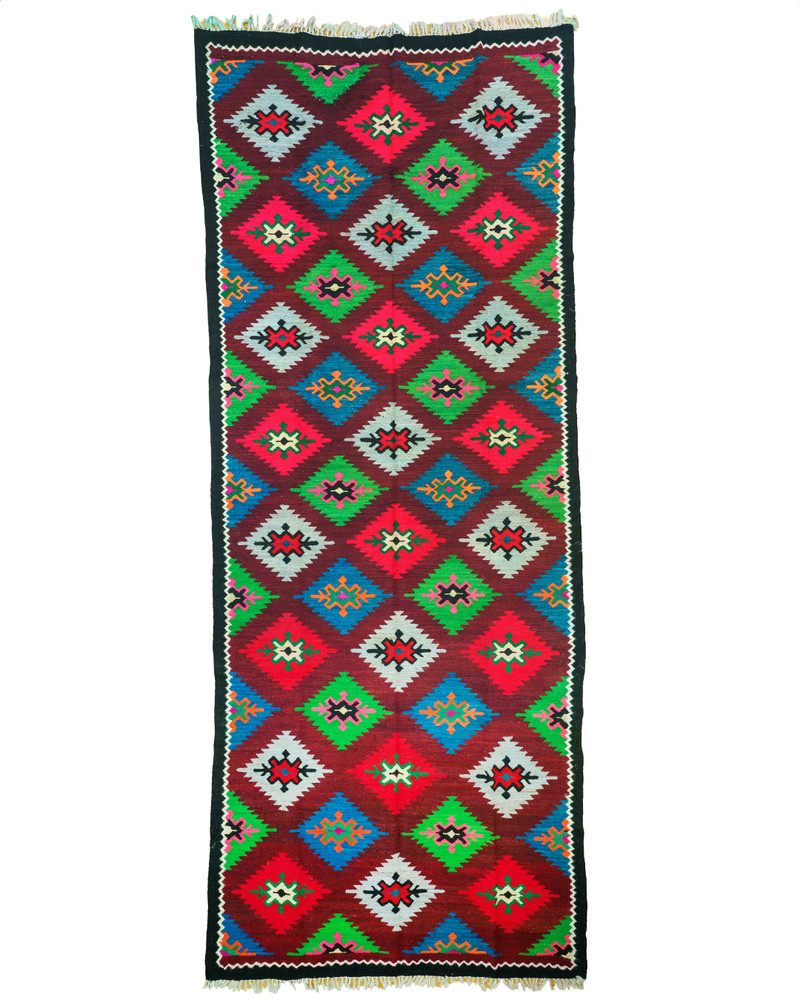 Romanian Transylvanian Runner Rug Handwoven Wool Geometric Burgundy 1970s