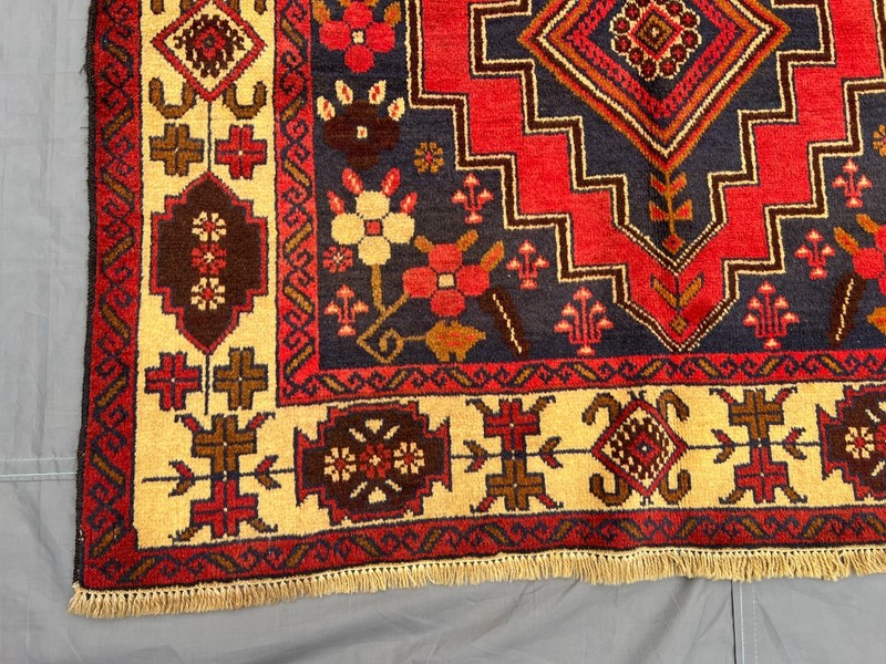3'6x7'6 ft Vintage Afghan Baluchi Hand-Knotted Floral Geometric Red & Yellow Rug gallery