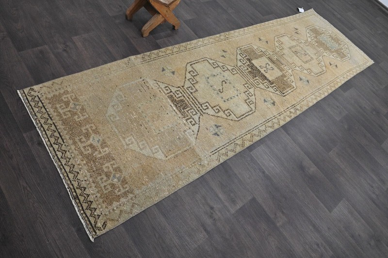 Vintage Turkish Runner Rug 3x9ft Wool Anatolian Handmade Hallway Oushak BEIGE gallery