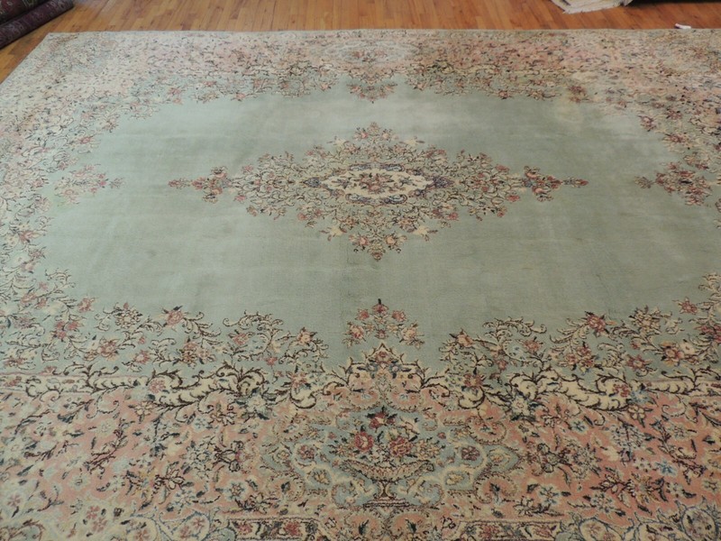 10x14 Antique Kermaan Oriental Area Rug wool Pastel Green Pink Salmon gallery