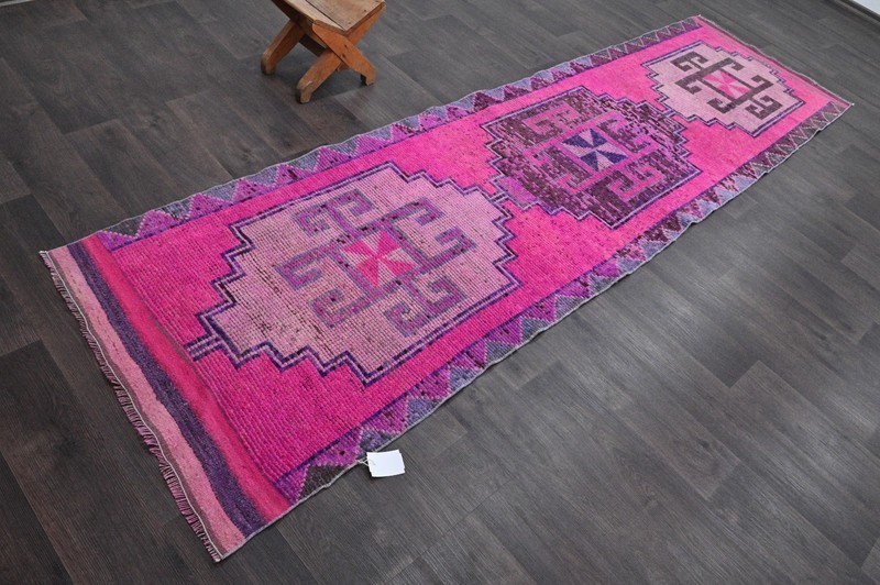Vintage Turkish Runner Rug 3x10ft Wool Anatolian Handmade Hallway Oushak PINK gallery