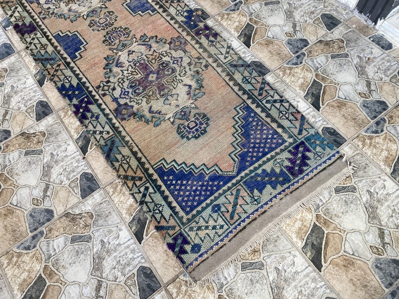 1970s Vintage Turkish Runner Rug | 2.5 x 10.3 ft Hand-Knotted Wool Geometric Rug gallery