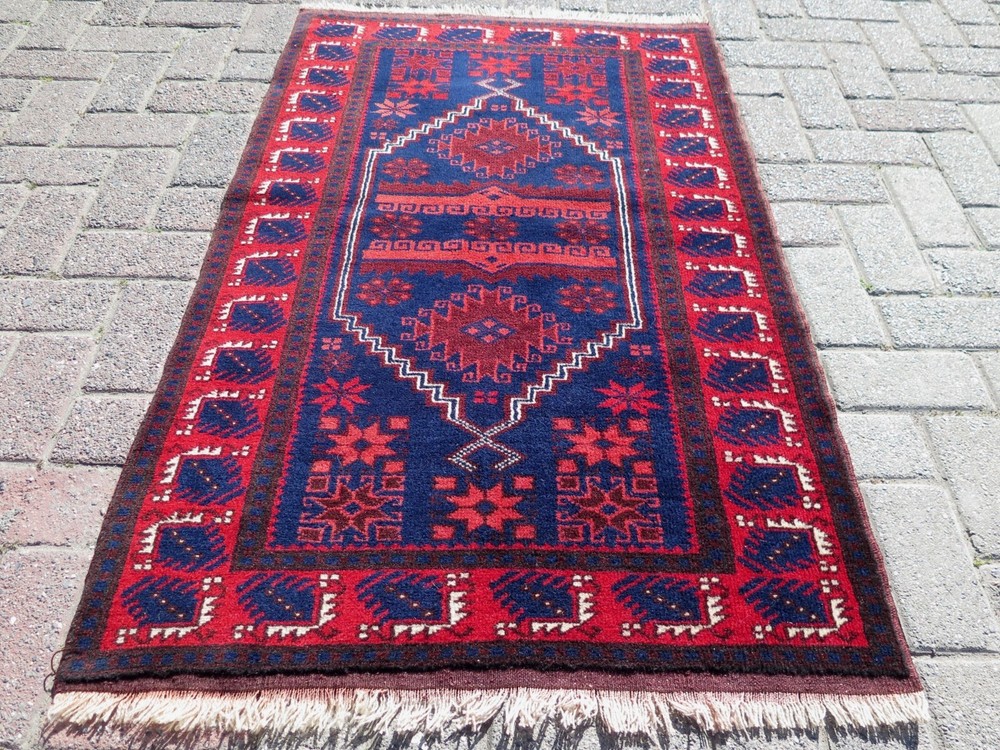 Bedroom Rug Turkish Bergama Small Carpet Door Mat Handmade Red Blue Rug 31"X52"