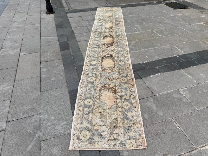 Vintage Turkish Oushak Runner Rug 2.2x12.4 ft Beige Sage Green Hallway Rug gallery