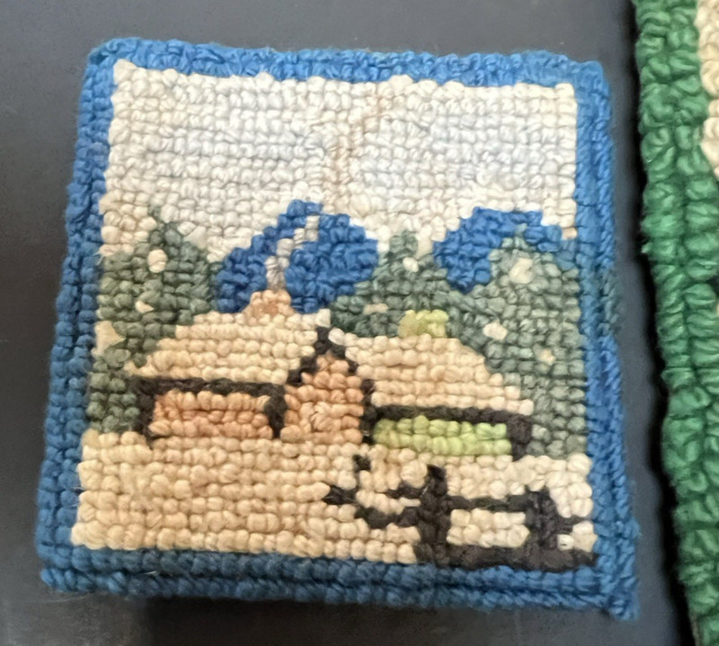 THREE Miniature Antique/Vintage Primitive Folk Art Hooked Rug Mats Winter Scenes gallery